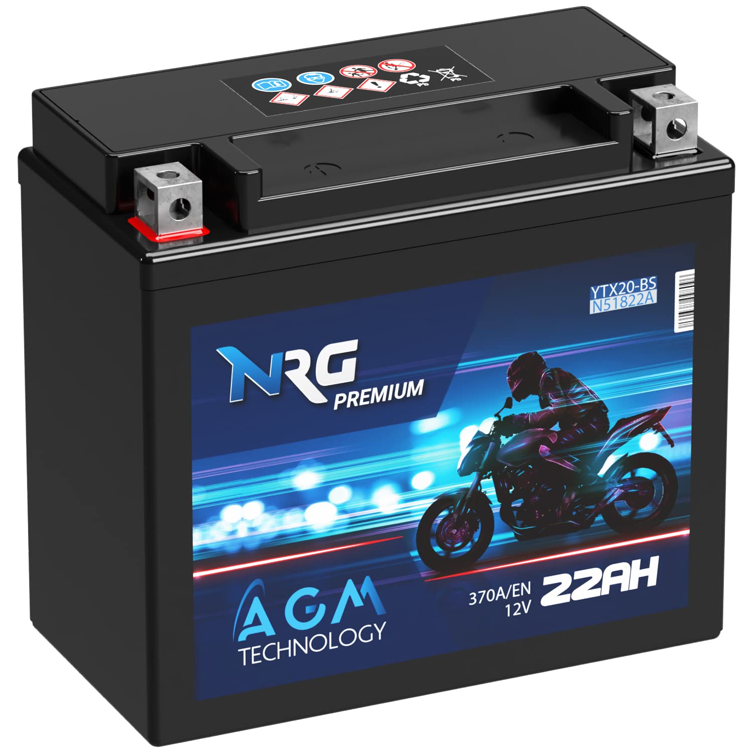 NRG Premium YTX20-BS AGM Motorradbatterie 22Ah 12V 370A/EN Batterie 51822 CTX20-BS GTX20-BS auslaufsicher wartungsfrei ersetzt 20Ah 21Ah von NRG PREMIUM