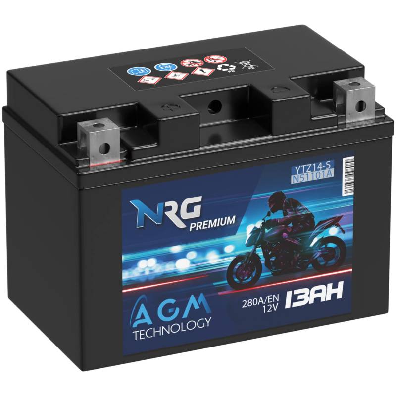 NRG Premium YTZ14-S AGM Motorradbatterie 13Ah 12V 280A/EN Batterie 51101 YTZ14-4 GTZ14-4 auslaufsicher wartungsfrei ersetzt 12Ah von NRG PREMIUM