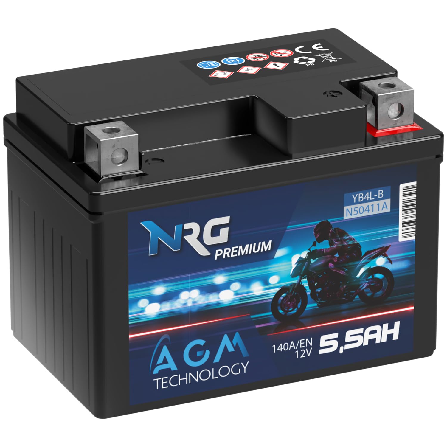 NRG YB4L-B AGM Roller Batterie 12V 5,5Ah 140A/EN Motorradbatterie 50411 YB4L-A ersetzt 5Ah 4Ah auslaufsicher wartungsfrei von NRG PREMIUM