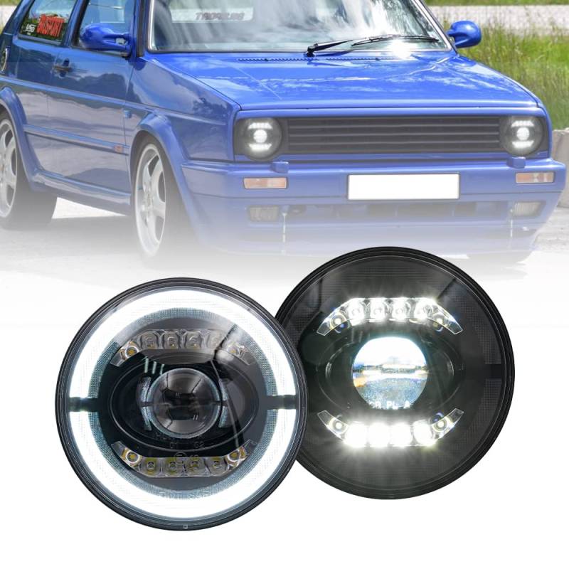 NSLUMO 7 Zoll Golf LED Fahrscheinwerfer E4 Zertifizierung ECE RHD LED Scheinwerfer High Abblendlicht Halo Ring DRL Standscheinwerfer für V.W Golf MK2 Mk1 Caddy Transporter 2St von NSLUMO