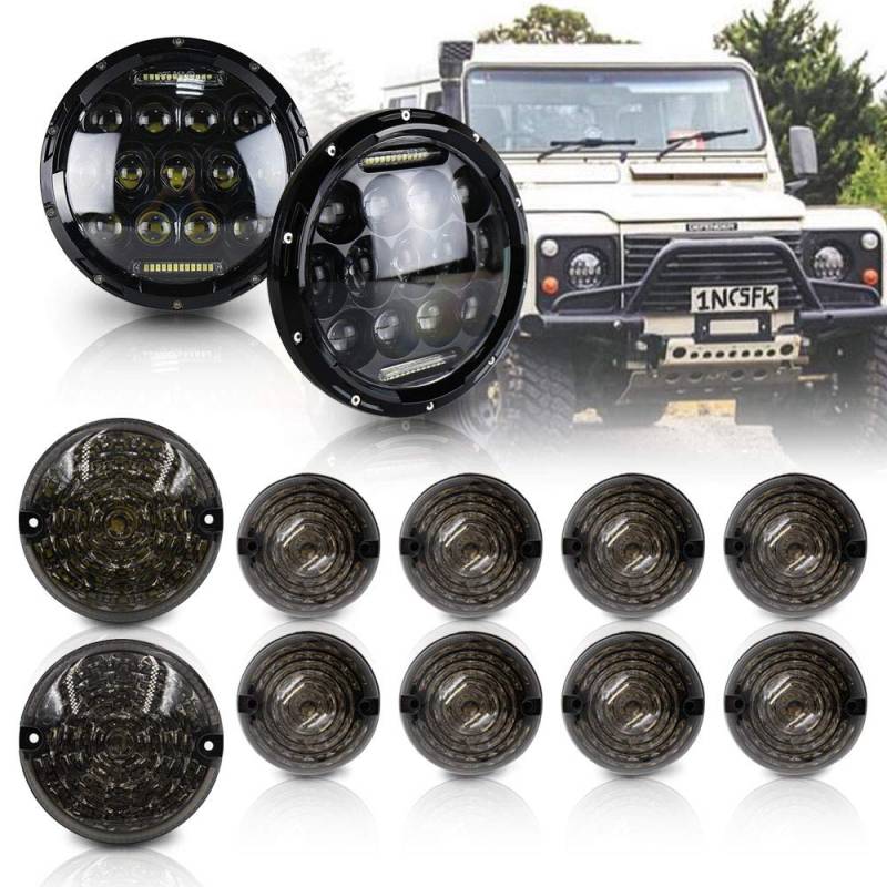 NSLUMO Defender Led 7 Zoll Scheinwerfer Mit Halo Ring Light Und 10 Stück vorne hinten 95MM LED-Lampe Upgrade Light Kit Für Defender 1990-2016 90/110 Geräucherte Linse von NSLUMO