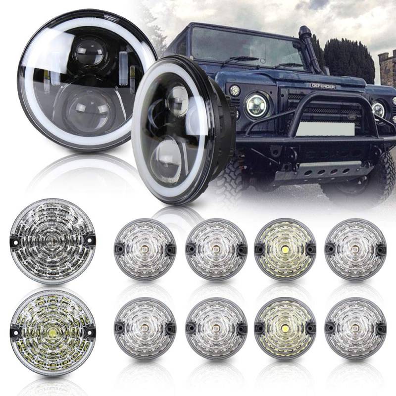 NSLUMO Defender führte 7 Zoll Scheinwerfer mit Halo Ring Licht und 10 Stück vorne hinten 95MM LED-Lampe Upgrade Light Kit Für Defender 1990-2016 90/110 von NSLUMO