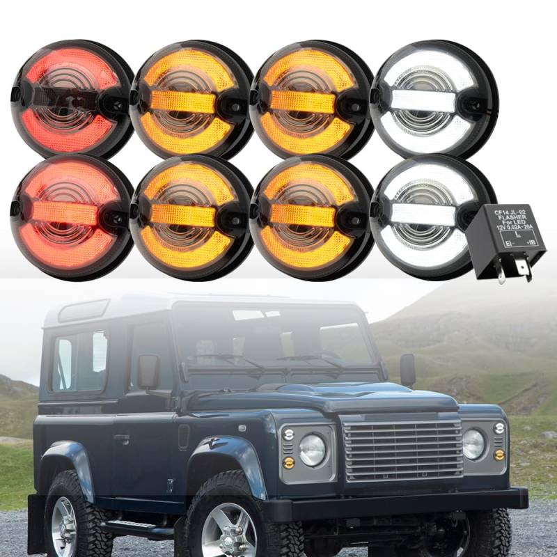 NSLUMO Halo-Licht-Update-Kit für Lan.d/R.over Defender 90 110 130 95–2016 vorderes LED-Positionslicht Blinker Seitenblinker Rückwärtsbremse Stopp-Rückfahrleuchte 73mm 8pcs Geräucherte Linse von NSLUMO