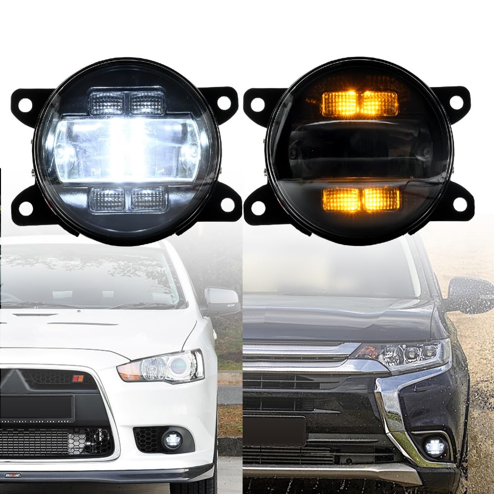 NSLUMO LED-Nebelscheinwerfer DRL Tagfahrlicht für Mitsubishi Lancer Ralliart Pajero Outlander L200 ASX Frontstoßstange Nebelscheinwerfer Reflektoren Blinker DLR-Lauflicht 2 Stück Geräucherte Linse von NSLUMO