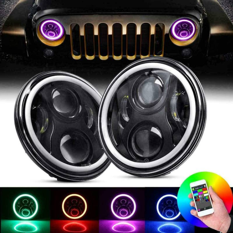 NSLUMO RHD 90 110 Stirnlampe RGB Bluetooth Paar 17,8 cm Scheinwerfer LED RGB Halo Projektor Angel DRL kompatibel mit J`eep Wrangler JK TJ LJ (Smoke) von NSLUMO