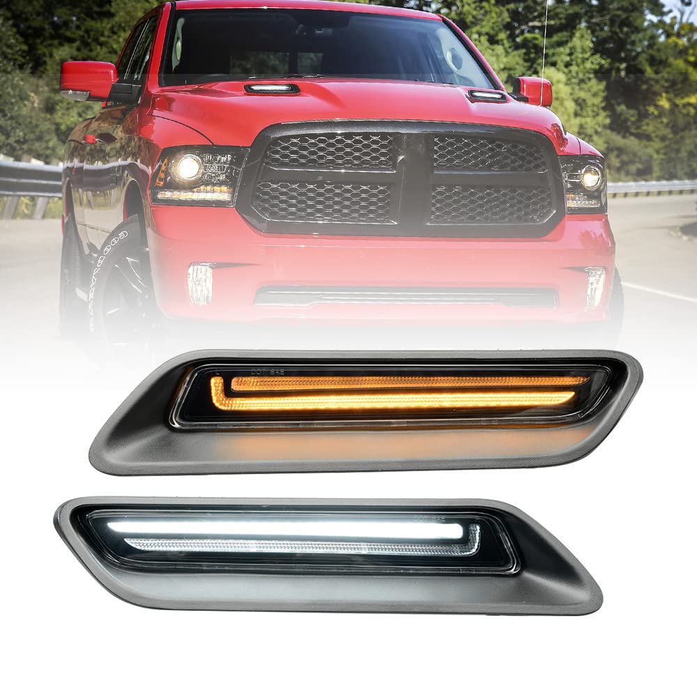 Nslumo LED DRL Tagfahrlicht für Dod/ge Ram 1500 2010-2018 2019-2022 Weiß Bernstein LED Sport Motorhaube Licht Ziergitter Zierleiste DLR Stadtlampe 2St von NSLUMO