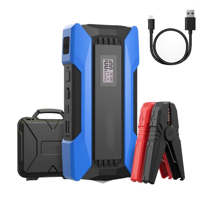 Peak Starthilfe mit Force-Start-Funktion, Auto-Starthilfe mit Luftkompressor, tragbare Auto-Starthilfe, Autobatterie-Starthilfe mit LCD-Display und LED-Taschenlampe(Blauw) von NTDMSFWM