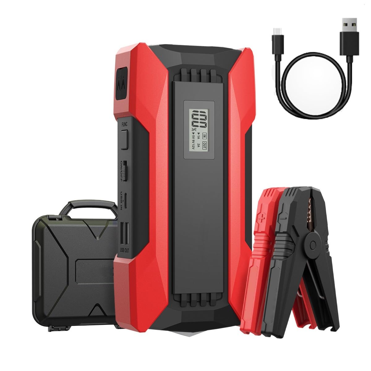 Peak Starthilfe mit Force-Start-Funktion, Auto-Starthilfe mit Luftkompressor, tragbare Auto-Starthilfe, Autobatterie-Starthilfe mit LCD-Display und LED-Taschenlampe(Red) von NTDMSFWM