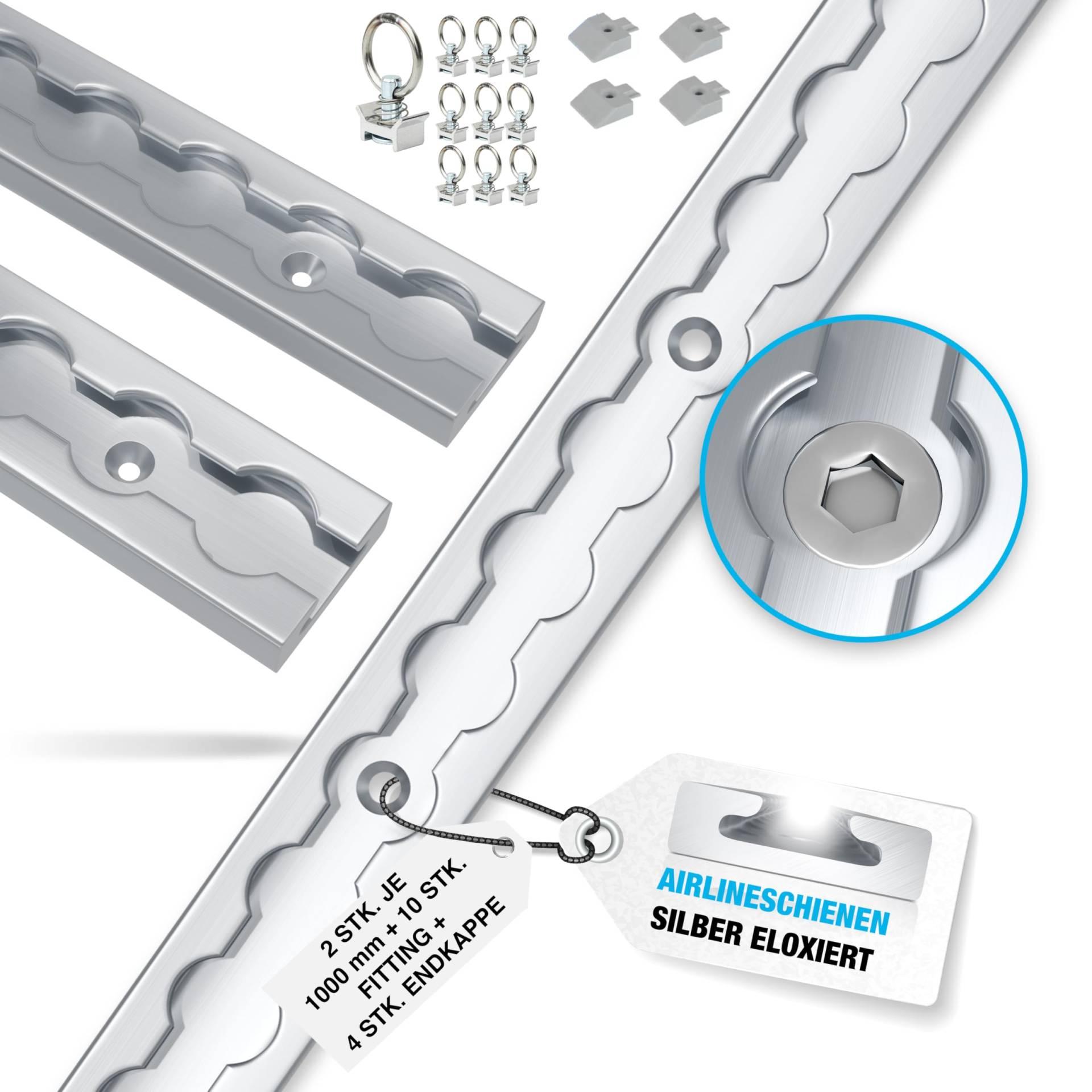 2 Stück je 1 m | Airlineschiene eckig | mit Bohrungen | Alu | 1000mm | inkl 10 Stück Fitting, einfach + 4 Stück Endkappe | Ladungssicherung für LKWs und Wohnmobile | Gebohrte Zurrschiene | eloxiert von NTG