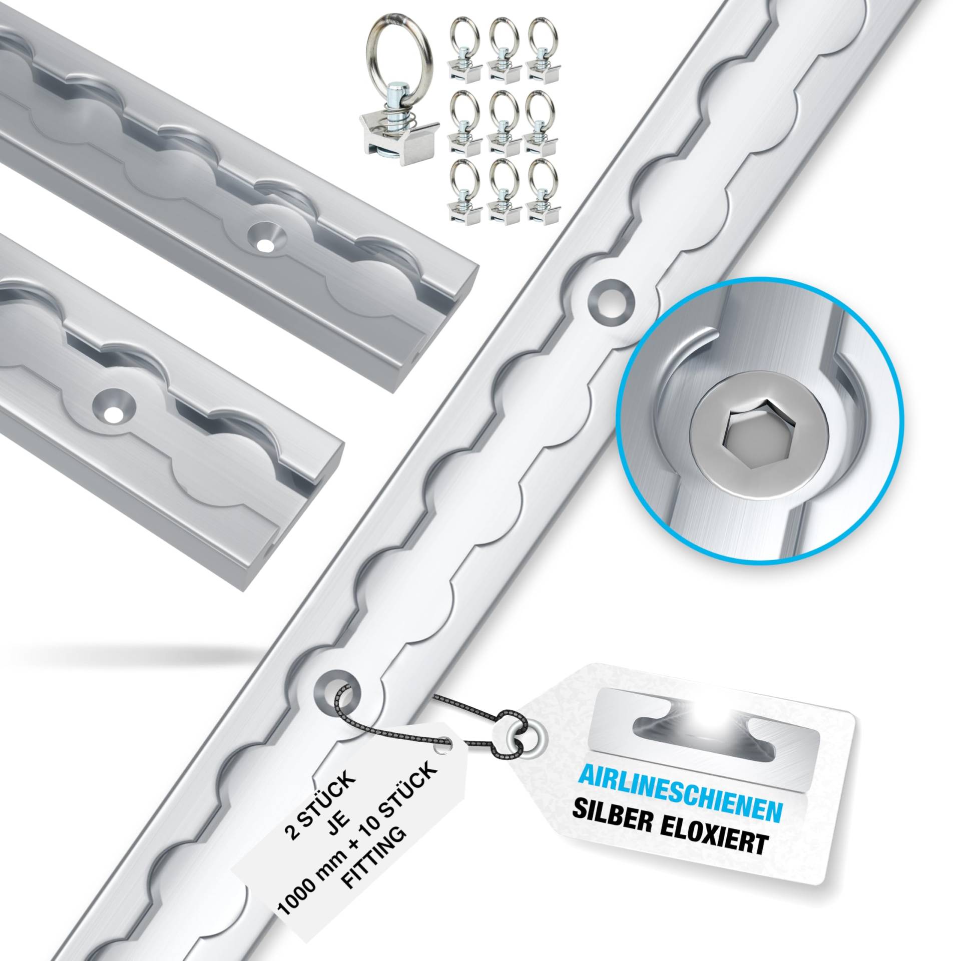 NTG 2 Stück | 1 m | Alu Airlineschiene | Zurrschiene eckig | mit Bohrungen | 1000mm | inkl. 10 Stück Fitting | Ladungssicherung für Anhänger, LKWs und Wohnmobile | Silber eloxiert von NTG