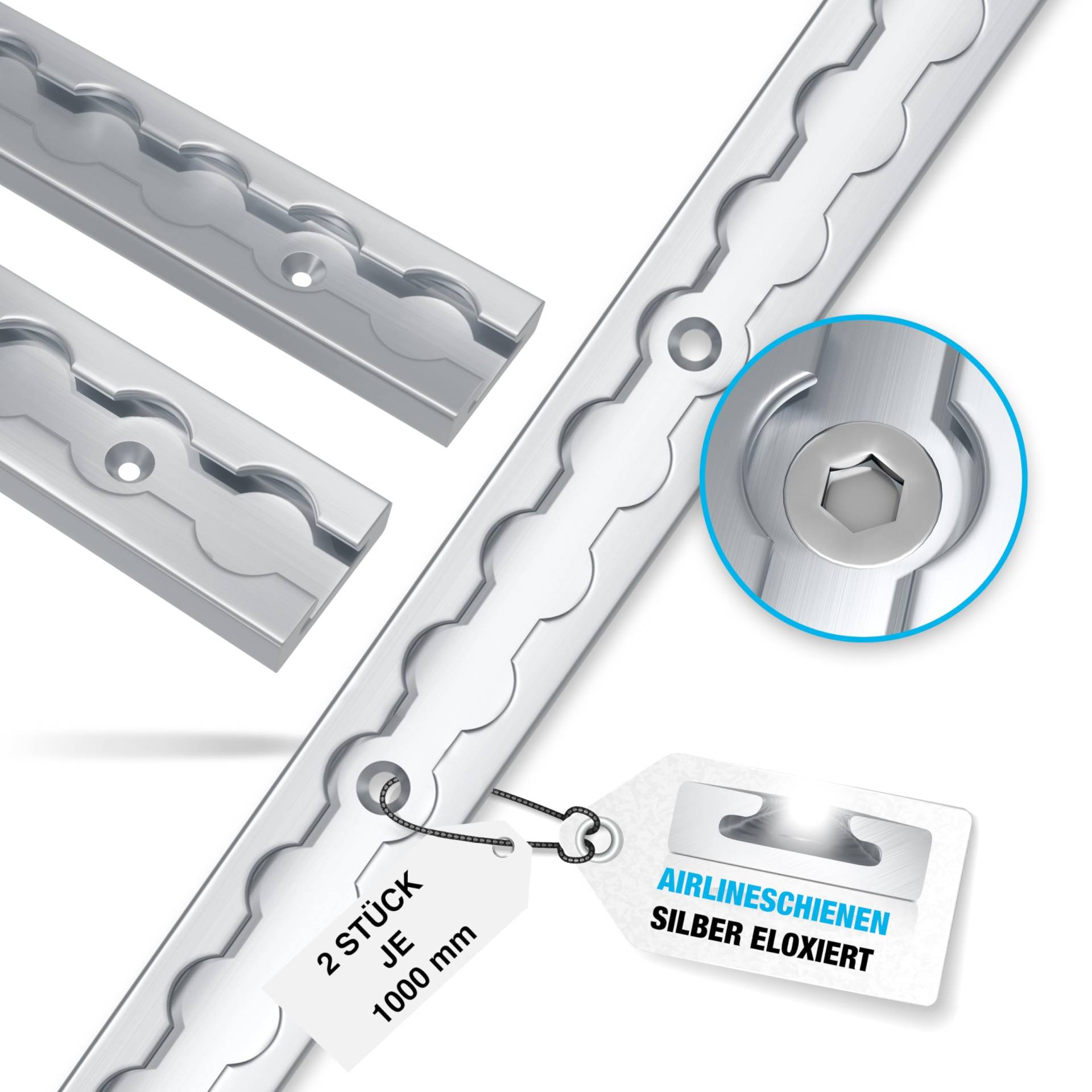 NTG 2 Stück je 1 m Alu Airlineschiene | Zurrschiene eckig | mit Bohrungen | 1000mm | Ladungssicherung für LKWs Anhänger und Wohnmobile | Silber eloxiert von NTG