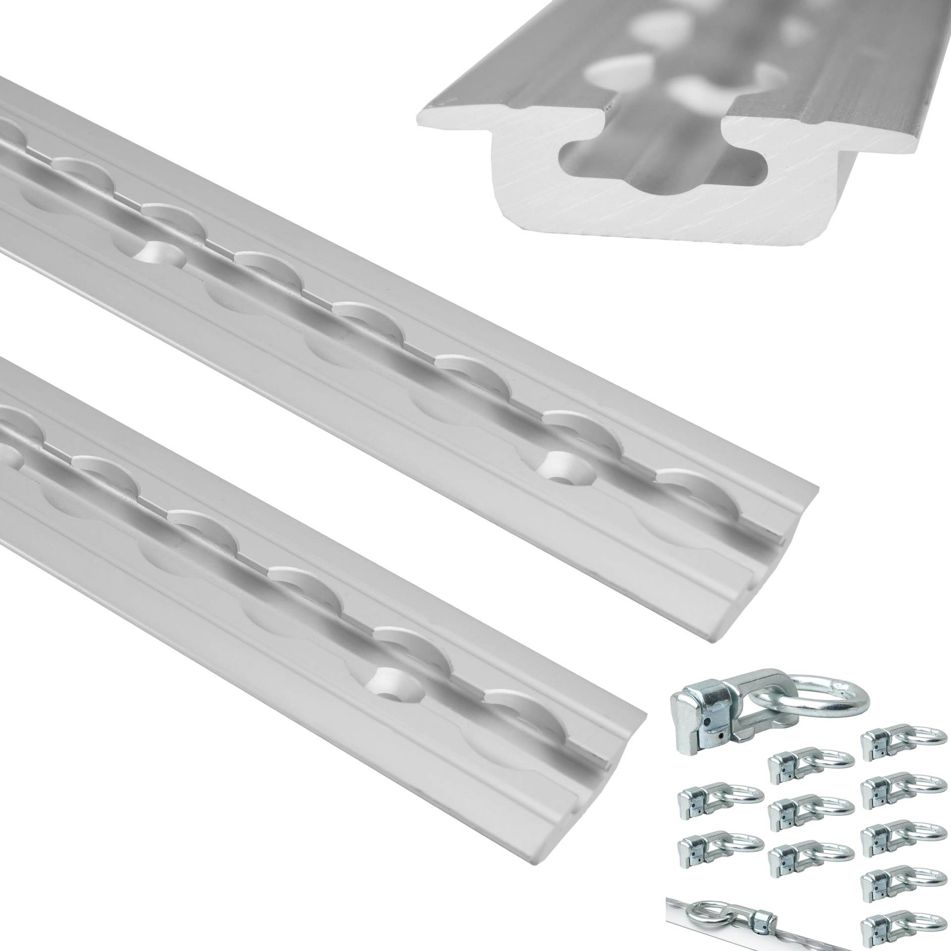 NTG 2 x 2 m Alu Airlineschiene, zum Einlassen, versenkbar als Bodenprofil 2m 1975mm -Sparset- m. 10x Doppelfitting | Ladungssicherung für LKWs und Wohnmobile | Gebohrte Zurrschiene | Silber eloxiert von NTG