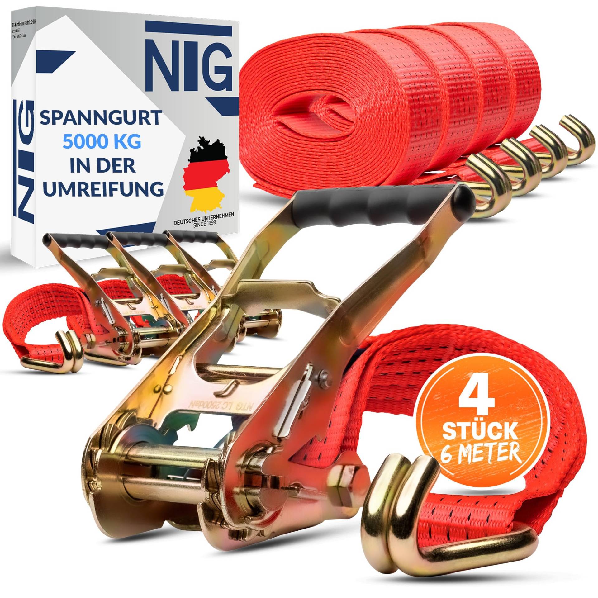 NTG 4 Stück Spanngurte in 6 Meter für 5t (2500/5000 daN, KG) | TÜV/GS geprüft | mit Ratsche und Haken | Zweiteilig | 50mm | Ratschengurte | Zurrgurte von NTG