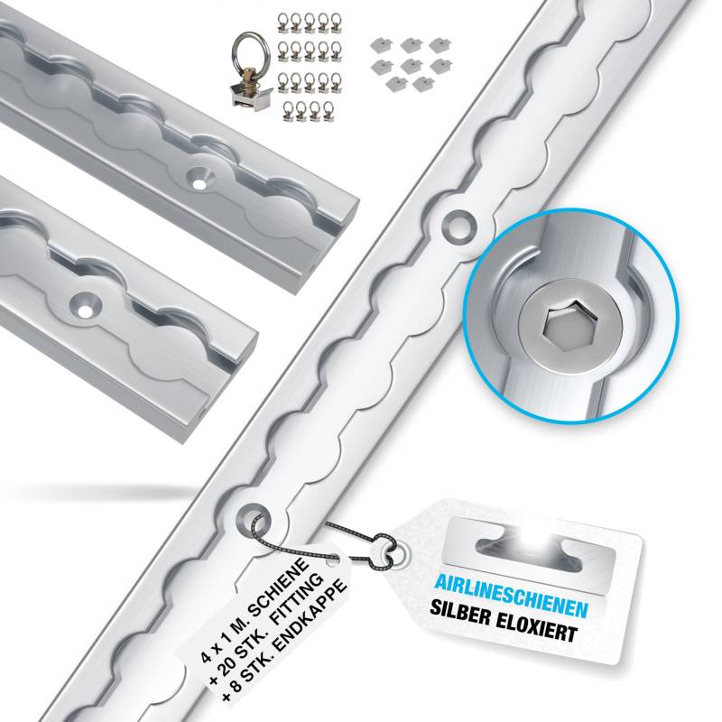 NTG 4 x 1 m Alu Airlineschiene Zurrschiene eckig, mit Bohrungen 1m 1000mm | Starter Set | Ladungssicherung für LKWs und Wohnmobile | Gebohrte Zurrschiene | Silber eloxiert von NTG