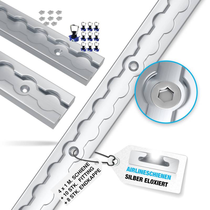 NTG 4 x 1 m Alu Airlineschiene eckige Form, mit Bohrungen 1m 1000mm -Starterset- mit 10x Kunststoff Fitting | Ladungssicherung für LKWs und Wohnmobile | Gebohrte Zurrschiene | Silber eloxiert von NTG