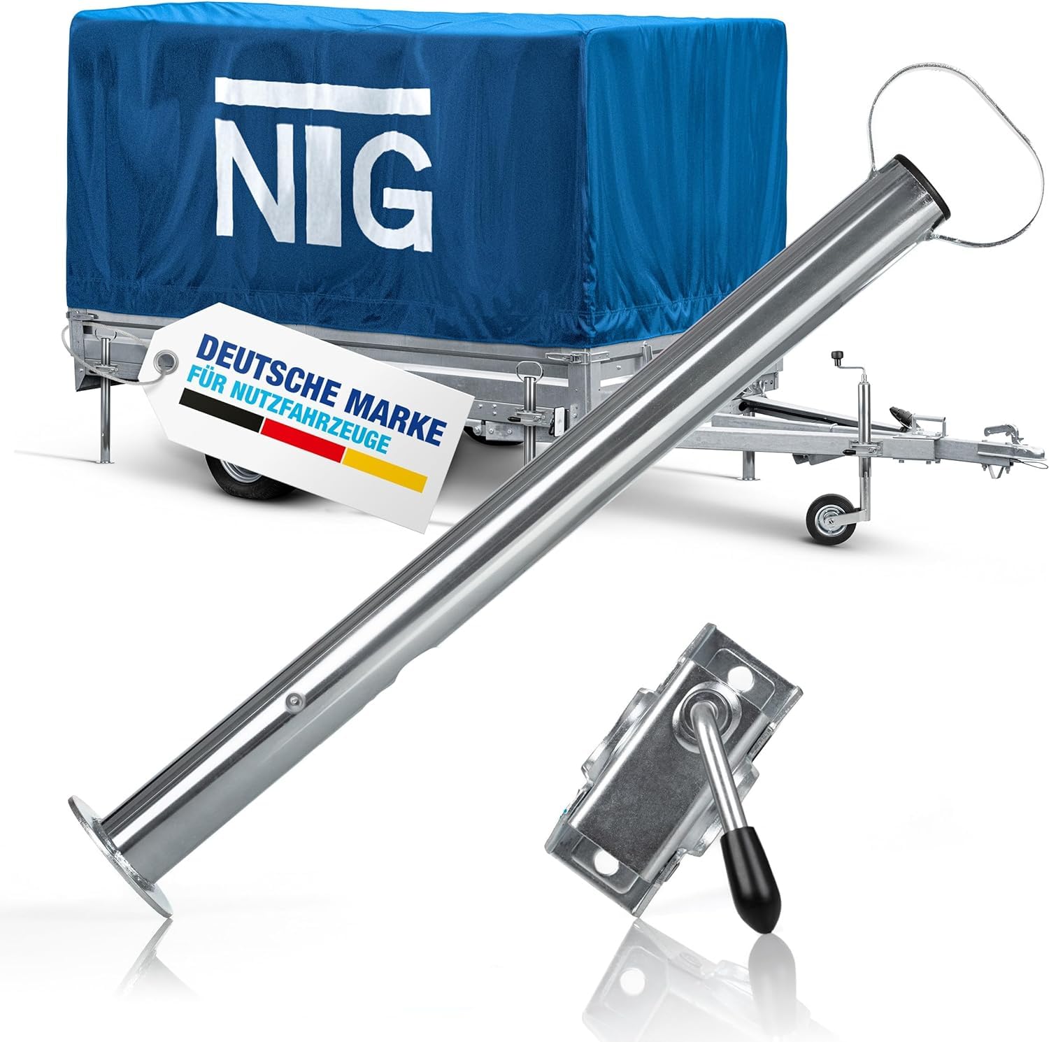 NTG Anhängerstütze | Abstellhöhe 600mm | Stützlast 300kg pro Stütze | verzinkter Stahl | mit und ohne Klemmhalter | extra Robust | Anhänger Stützfuß (Anhängerstütze + Klemmhalter, 1 Stück) von NTG