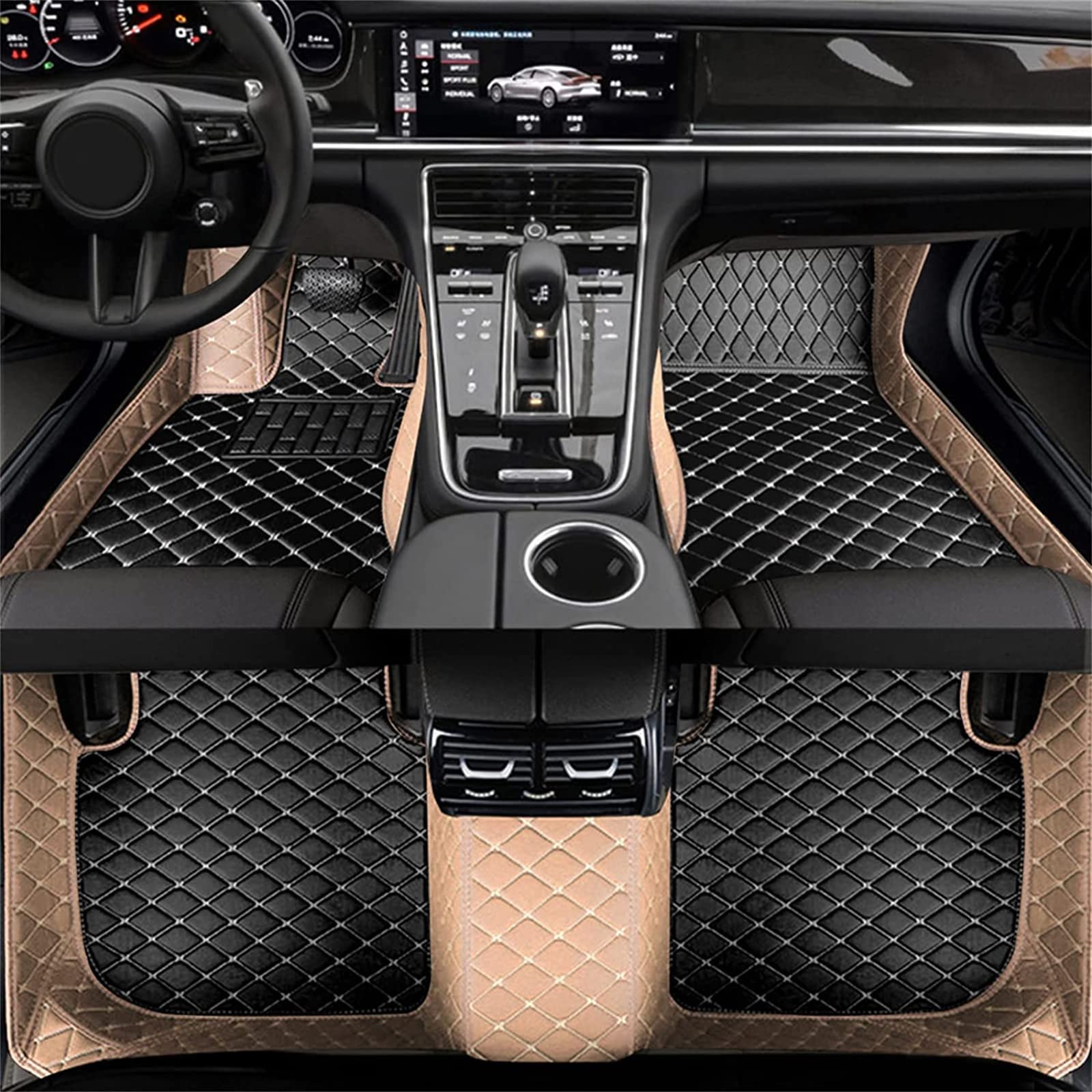 Auto Leder Fußmatten Für Hyundai Santa Fe 2014-2018, Nach Maß Allwetter Wasserdicht Anti Rutsch Teppich Vorne Hinten Bodenmatte Automatten Innenraumschutz Zubehör,A/Black-Beige von NUBHYYIO
