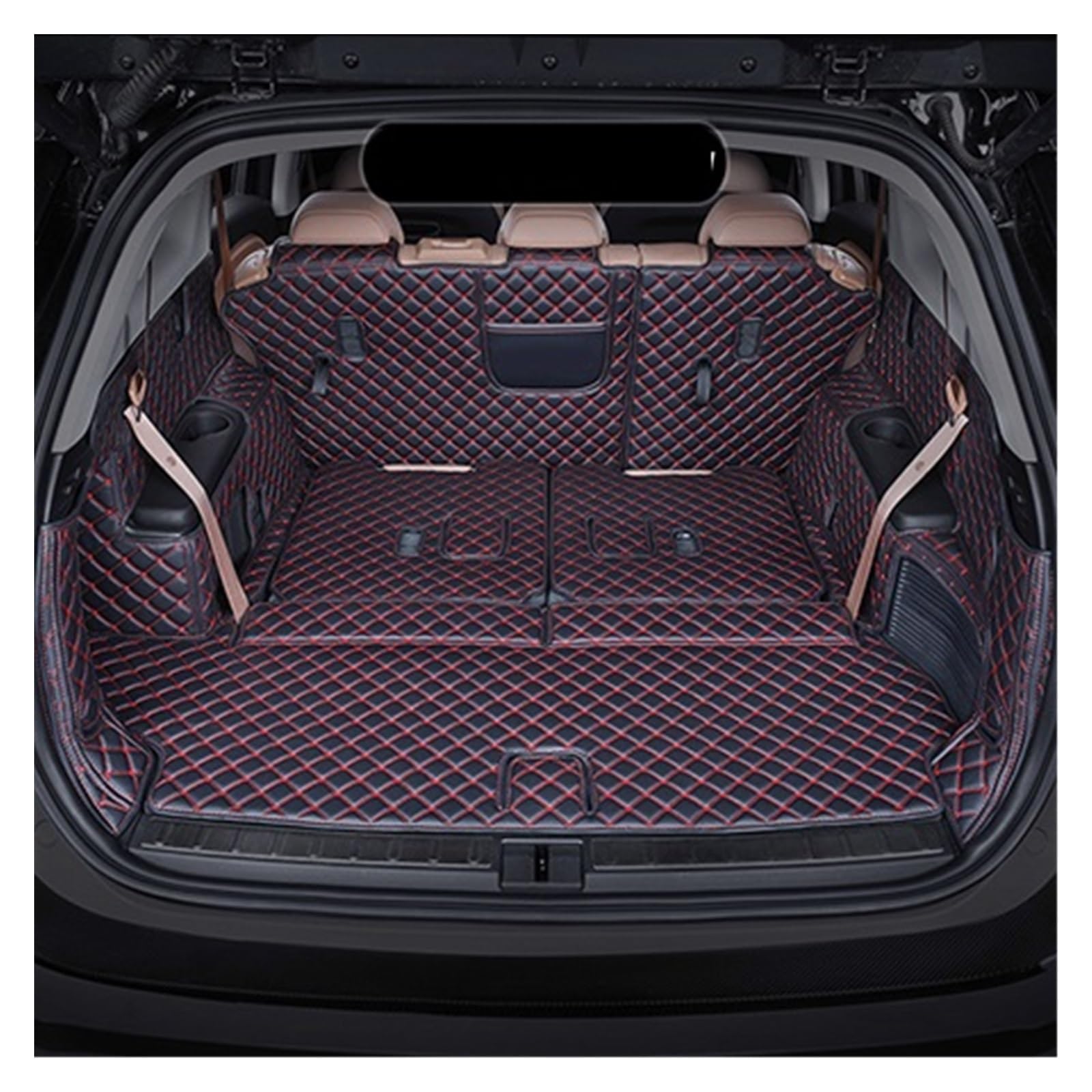 Leder Kofferraum Matte Für Cadillac SRX 2010-2016 Cargo Liner Zubehör Innen Boot Kofferraumschutz Matte(Schwarz Rot) von NYSQOFMB