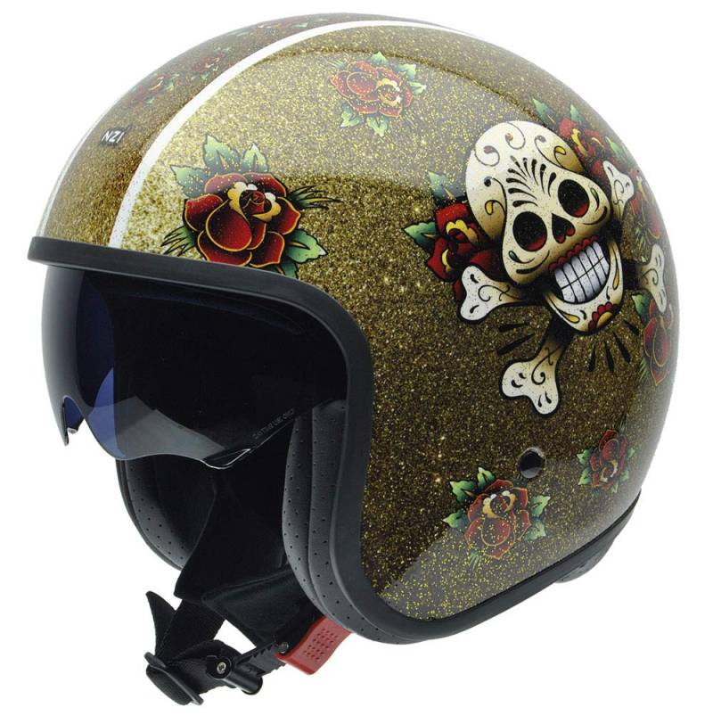 NZI Rolling3 Sun Grafik Offenes Gesicht Motorradhelm, Glanz Skull 'N Roses, Größe XS von NZI