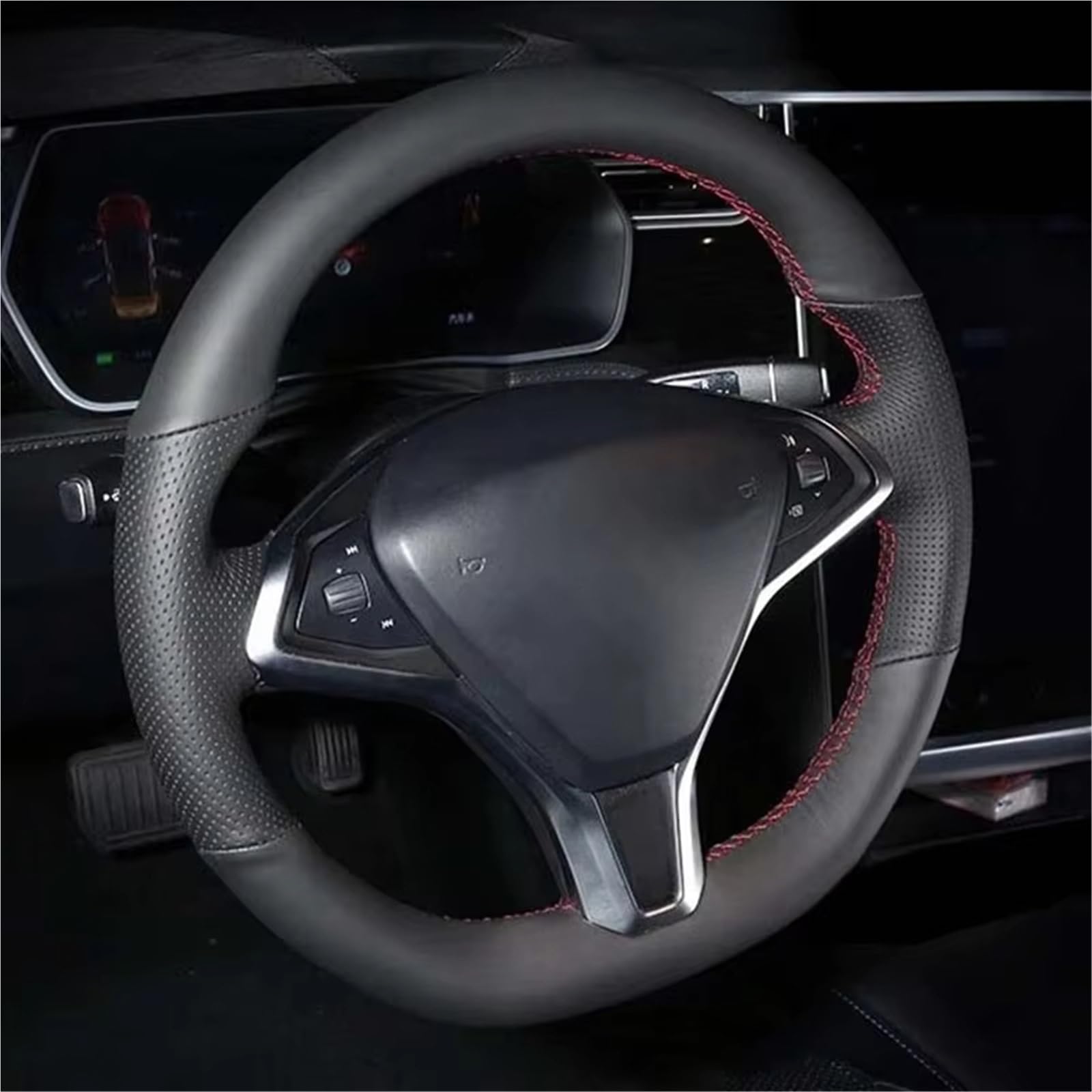 Lenkradabdeckung Auto-Lenkradbezug Handgenäht Schwarzes Leder Auto-Lenkradbezüge Für Tesla Für Modell Für S Für Modell Für X 2016 2017 2018 2019 2020 Lenkradbezug(Light Blue Thread) von NaNMiBHd