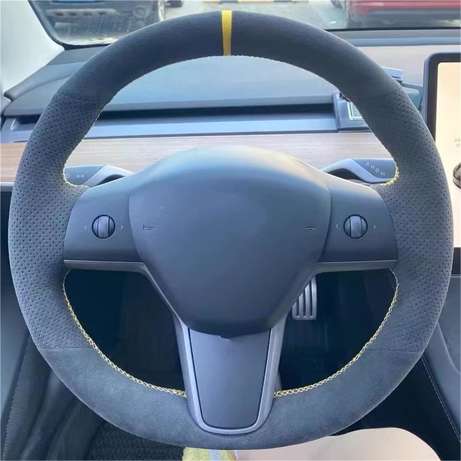 Lenkradabdeckung Gelb Hand Nähen Auto Lenkrad Abdeckung Schutz Shell Innen Auto Zubehör Grau Für Tesla Für Modell 3 Für Modell Für Y Lenkradbezug(Gray) von NaNMiBHd