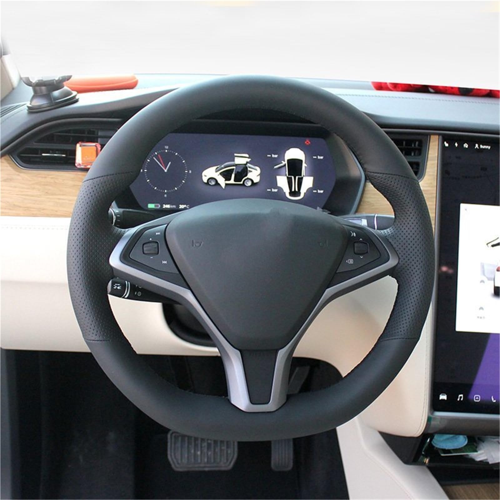 Lenkradabdeckung Mikrofaser Leder Hand Nähen Auto Lenkrad Abdeckung Schutz Innen Shell Auto Zubehör Rot Für Tesla Für Modell Für X Für Modell Für S Lenkradbezug(Black Leather) von NaNMiBHd