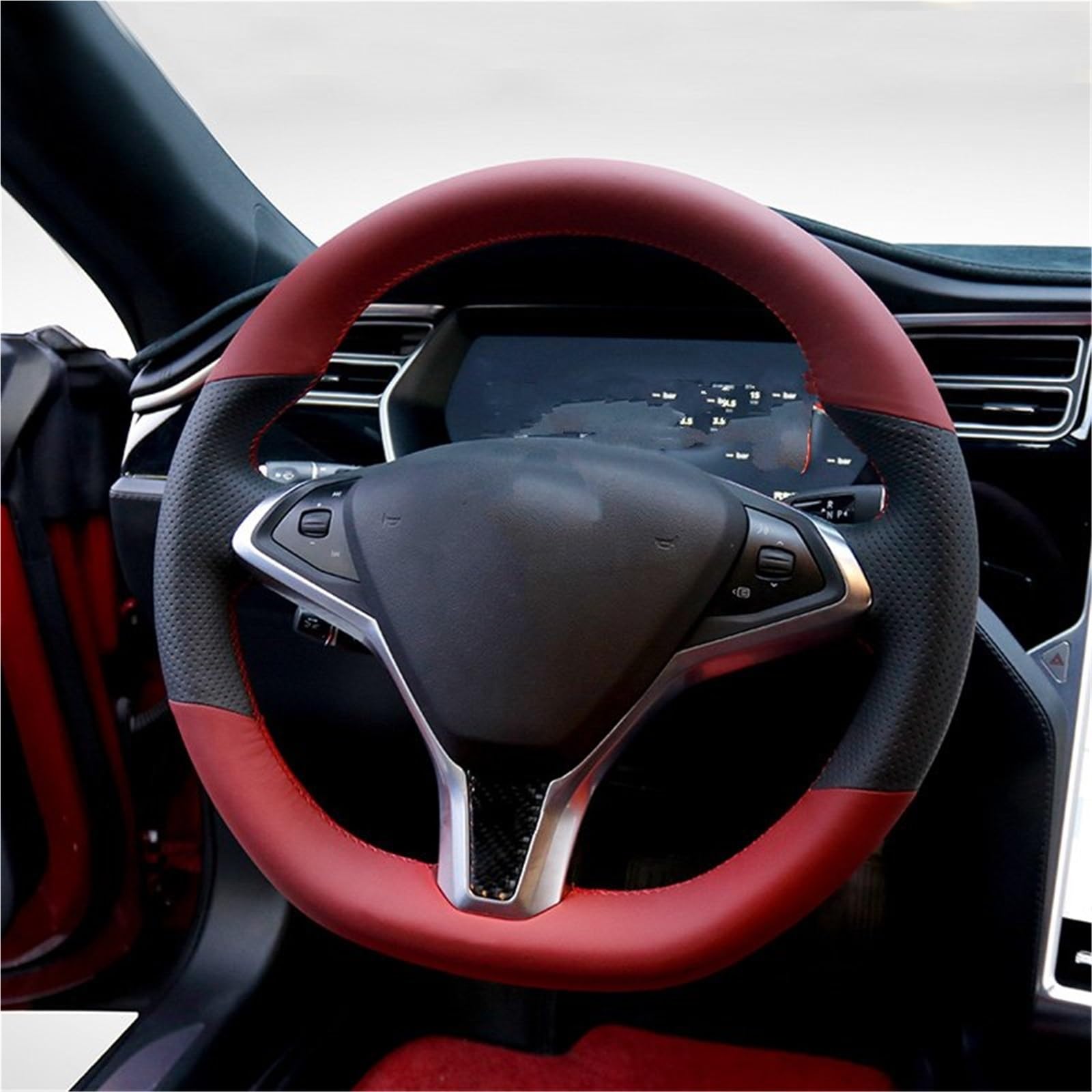 Lenkradabdeckung Mikrofaser Leder Hand Nähen Auto Lenkrad Abdeckung Schutz Innen Shell Auto Zubehör Rot Für Tesla Für Modell Für X Für Modell Für S Lenkradbezug(Red Black Leather) von NaNMiBHd