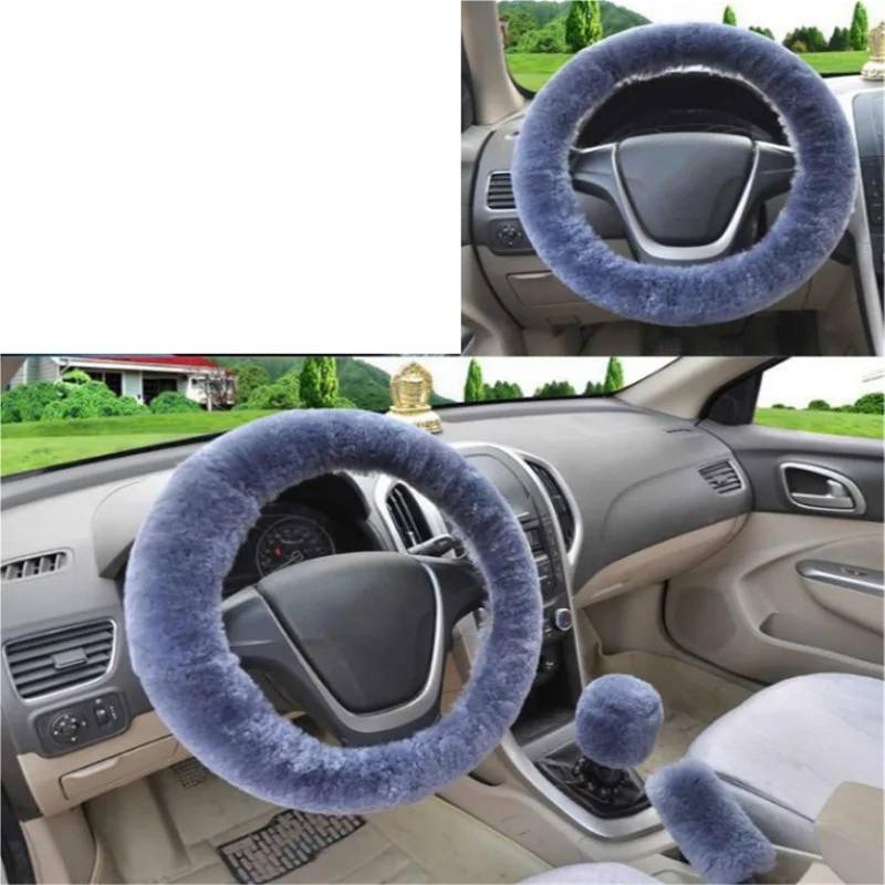 Lenkradabdeckung Universal Lenkrad Plüsch Auto Lenkrad Abdeckungen Winter Faux Pelz Hand Brems Getriebe Abdeckung Set Auto Innen Zubehör Lenkradbezug(Bluegrey) von NaNMiBHd