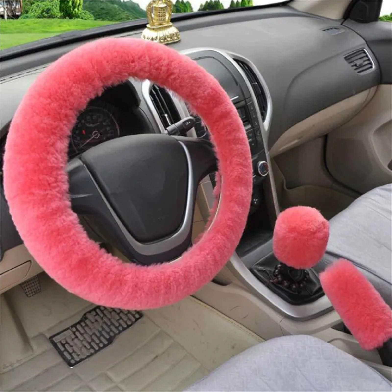 Lenkradabdeckung Universal Lenkrad Plüsch Auto Lenkrad Abdeckungen Winter Faux Pelz Hand Brems Getriebe Abdeckung Set Auto Innen Zubehör Lenkradbezug(Pink) von NaNMiBHd