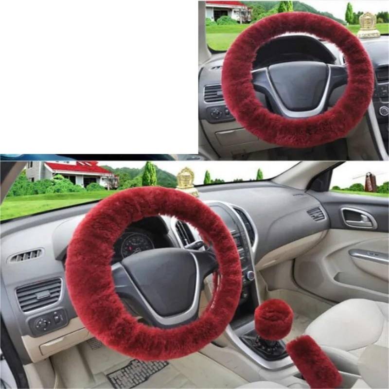 Lenkradabdeckung Universal Lenkrad Plüsch Auto Lenkrad Abdeckungen Winter Faux Pelz Hand Brems Getriebe Abdeckung Set Auto Innen Zubehör Lenkradbezug(WineRed) von NaNMiBHd