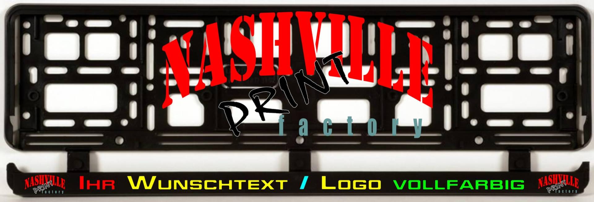 100 Stück Kennzeichenhalter mit Wunschtext/Logo vollfarbig im Digitaldruck Bedruckt von Nashville print factory