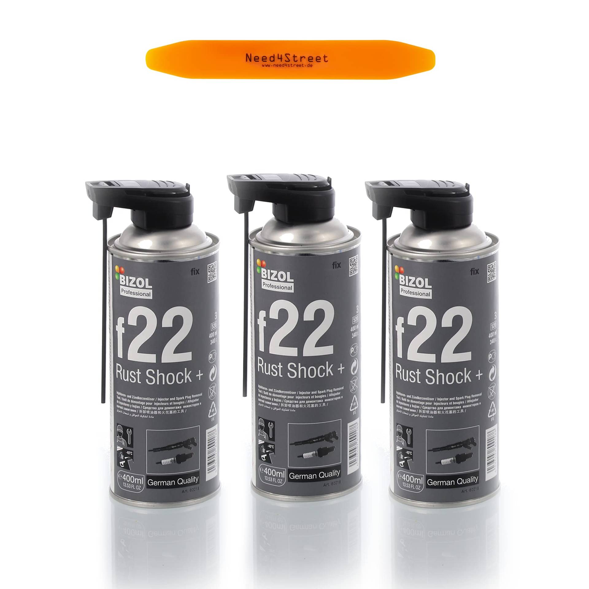 Need4Street 3er Pack BIZOL Rust Shock+ F22 Rostlöser Spray 400ml mit Entriegelungskeil, Kältespray zum Lösen von Injektoren, Glühkerzen und Zündkerzen, effektiver Rostentferner von Need4Street