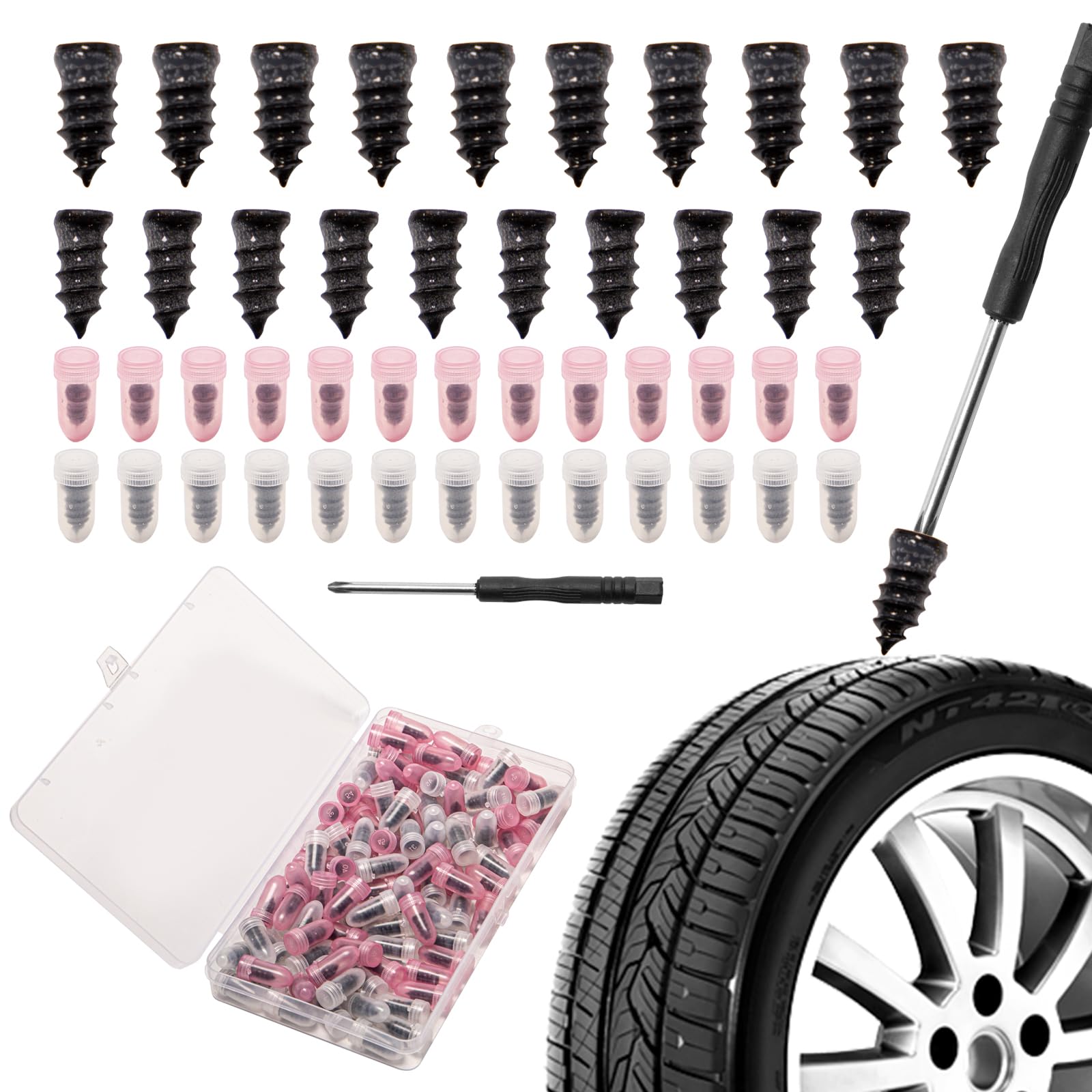 Neikafan Vakuum Reifen Reparatur-Nagel 100 Stück mit Schraubendreher 1 Pcs, Gummi Reifen Nagel Reparatur Set für Bike, Motorrad, Fahrräder, Auto Vakuum Reifen Reparatur Nagel Kit von Neikafan