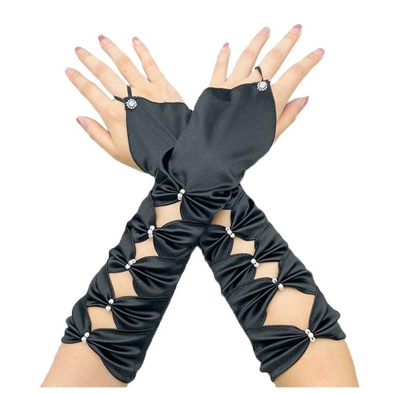 Damen Strickwolle Halbfinger Lange Handschuhe Herbst und Winter Frauen Warm Tau Finger Ärmel Zerknittert Lange Handschuhe Frauenhandschuhe (Black, One Size) von NerYuo