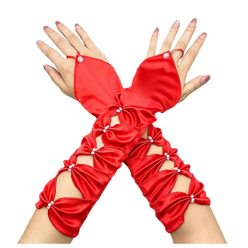 Damen Strickwolle Halbfinger Lange Handschuhe Herbst und Winter Frauen Warm Tau Finger Ärmel Zerknittert Lange Handschuhe Frauenhandschuhe (Red, One Size) von NerYuo