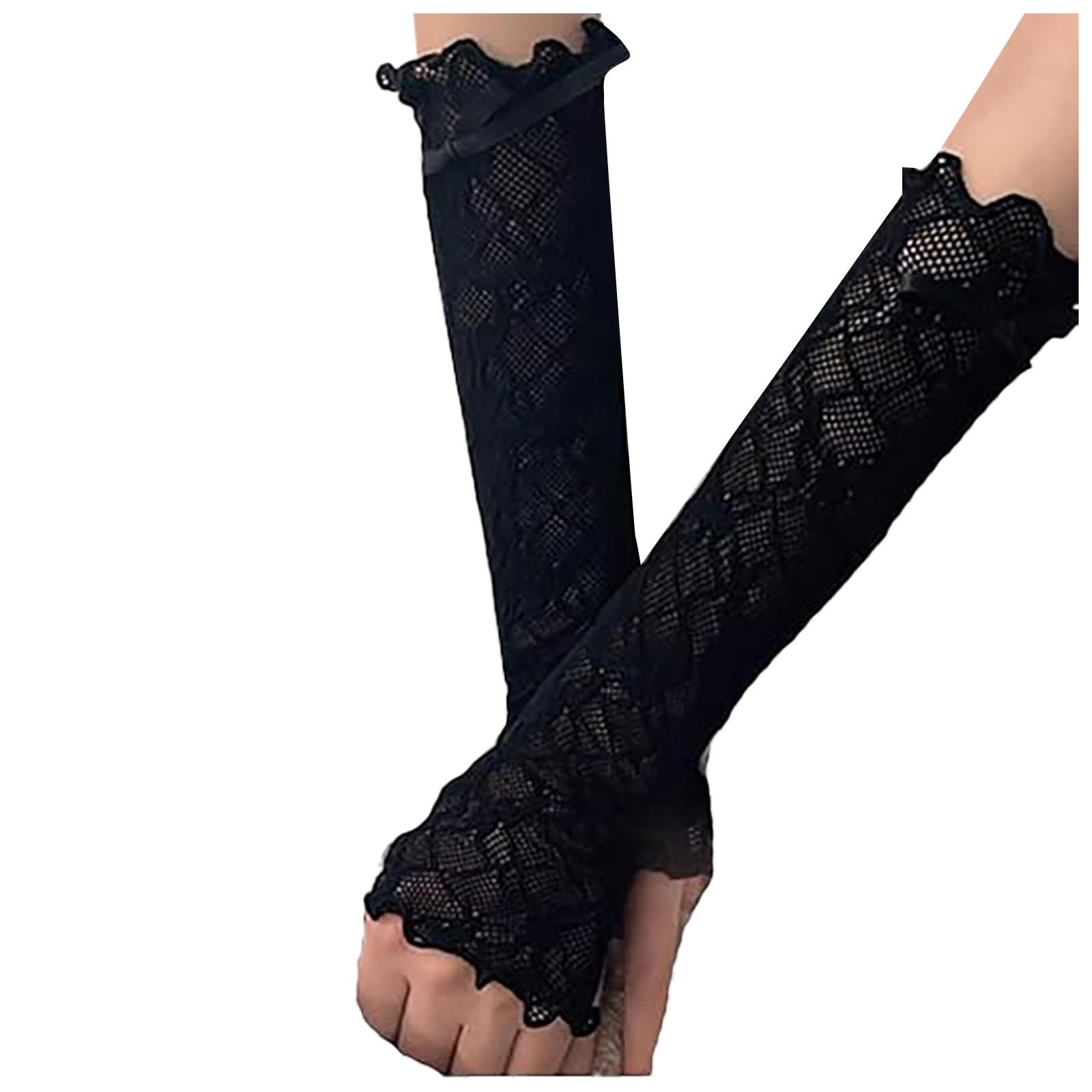 NerYuo Armstulpen für Damen aus Spitze für den Sommer, dünne lange Armstulpen, Schieber, Daumen inklusive, Spitzenstoff, Sonnenschutz, Autofahren, Hochzeiten, Damenhandschuhe Latex (Black, One Size) von NerYuo