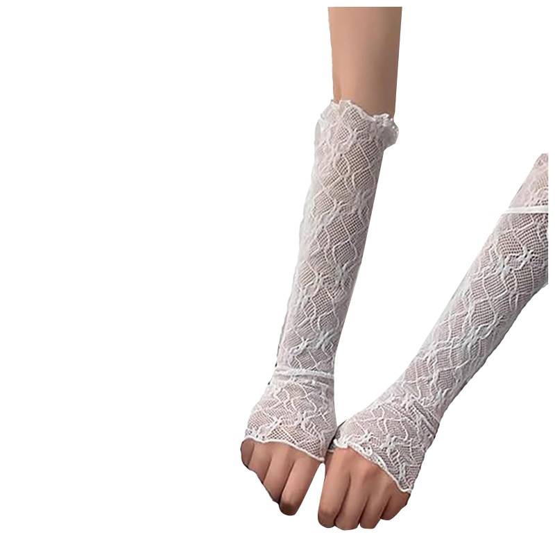 NerYuo Armstulpen für Damen aus Spitze für den Sommer, dünne lange Armstulpen, Schieber, Daumen inklusive, Spitzenstoff, Sonnenschutz, Autofahren, Hochzeiten, Damenhandschuhe Latex (White, One Size) von NerYuo