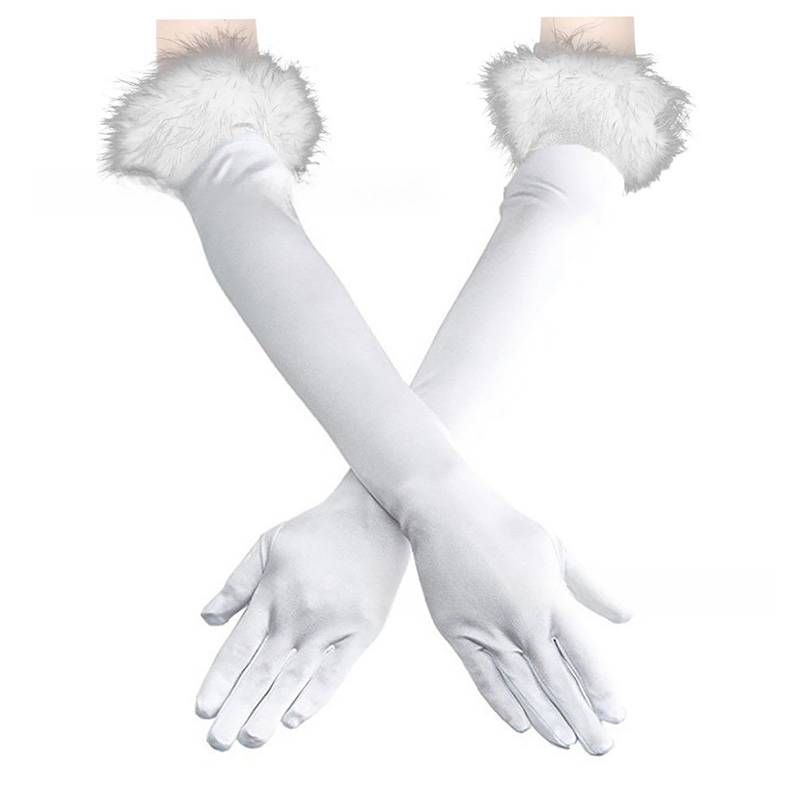 NerYuo Damen Lange Opernparty 1920er Jahre Satin Tea Party Handschuhe Kostüm Stretch Handschuhe Manschetten Federhandschuhe Pfau Ohrringe (White, One Size) von NerYuo