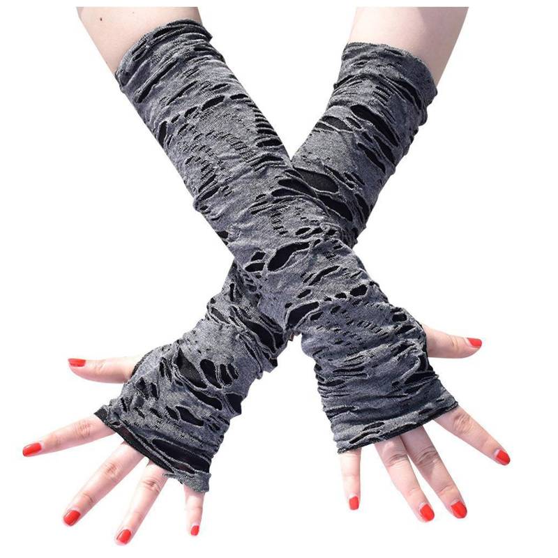 NerYuo Frauen Punk Fingerlose Handschuhe Cosplay Zerrissene Handschuhe Für Halloween Kostüm Party Armstulpen Hautfarben (Black, One Size) von NerYuo