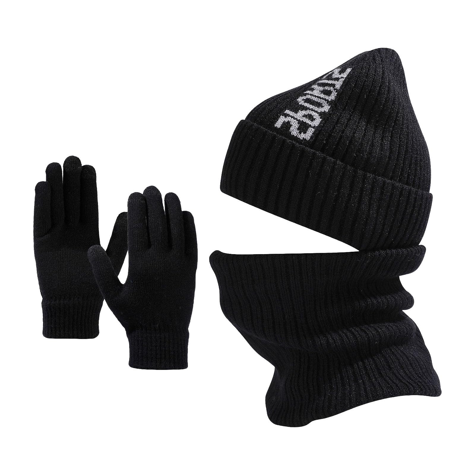 Strickmütze, Schal, Handschuhe, Wärmer, hält warm im Herbst und Winter, warme Mütze Damenhandschuhe Warm Gefüttert (Black, One Size) von NerYuo