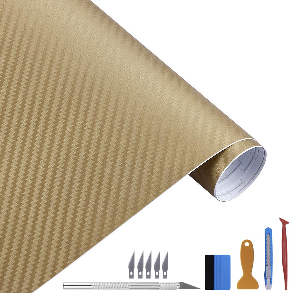 Carbon Autofolie Matt Gold Mit Einbauwerkzeug, 30 x 300 cm Selbstklebend 3D Car Wrapping Blasenfrei Vinyl Folie, Carbonfolie Lackschutzfolien für Auto Motorrad DIY von NewL