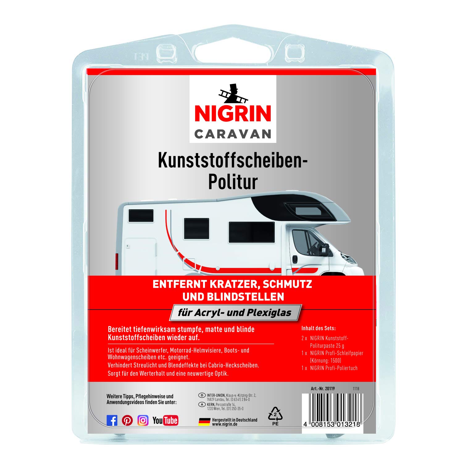 NIGRIN CARAVAN Kunststoffscheiben-Politur, zur Aufbereitung von unbeschichteten Acryloberflächen, entfernt matte, blinde Stellen, Verschmutzungen Kratzer aus Acryloberflächen und Plexiglas, 2x25 g von NIGRIN