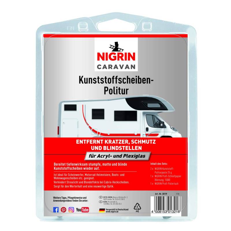 NIGRIN CARAVAN Kunststoffscheiben-Politur, zur Aufbereitung von unbeschichteten Acryloberflächen, entfernt matte, blinde Stellen, Verschmutzungen Kratzer aus Acryloberflächen und Plexiglas, 2x25 g von NIGRIN