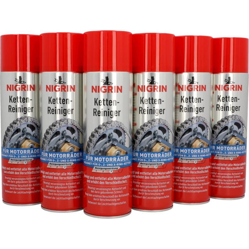 NIGRIN Kettenreiniger, 6 x 500 ml Sprühdose, Kettenspray für Motorrad, reinigt und entfettet Motorradketten, farblos von NIGRIN