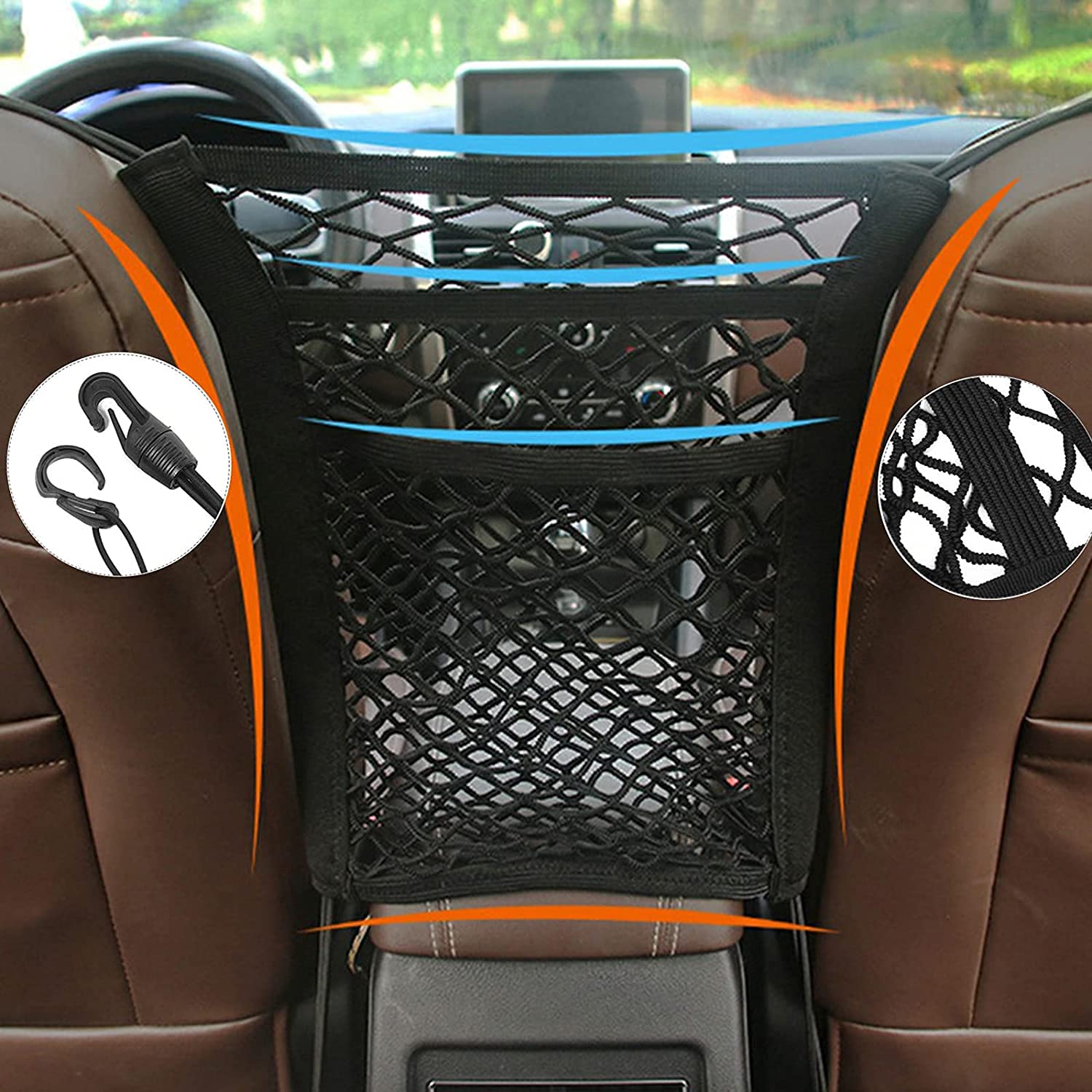 Universal Elastic Mesh Net Trunk Bag, Seat Back Net Bag, Barrier of Backseat Pet Kids, Car Net Pocket Between Seats, Driver Pouch Storage Organizer (3 Layers - 4 Sides Elastic) von Nihexo