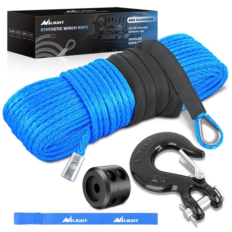 Nilight 1/4 Zoll x 15 m Seilwinde Seil Synthetische Seilwinde Seil Universal für ATV UTV 4x4 Geländewagen 4082 kg Seilwinde Leine Seile mit Stahlhaken Gummistopper Schutzhülle Sicherheitsgurt, Blau von Nilight