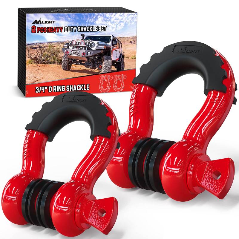 Nilight 2 Stück 1,9 cm D-Ring-Schäkel 4,75 Tonnen Kapazität mit 2,2 cm Pin Heavy Duty Off Road Recovery Schäkel mit Isolatoren & Unterlegscheibe Kit für Jeep Truck Fahrzeug rot (90053B) von Nilight