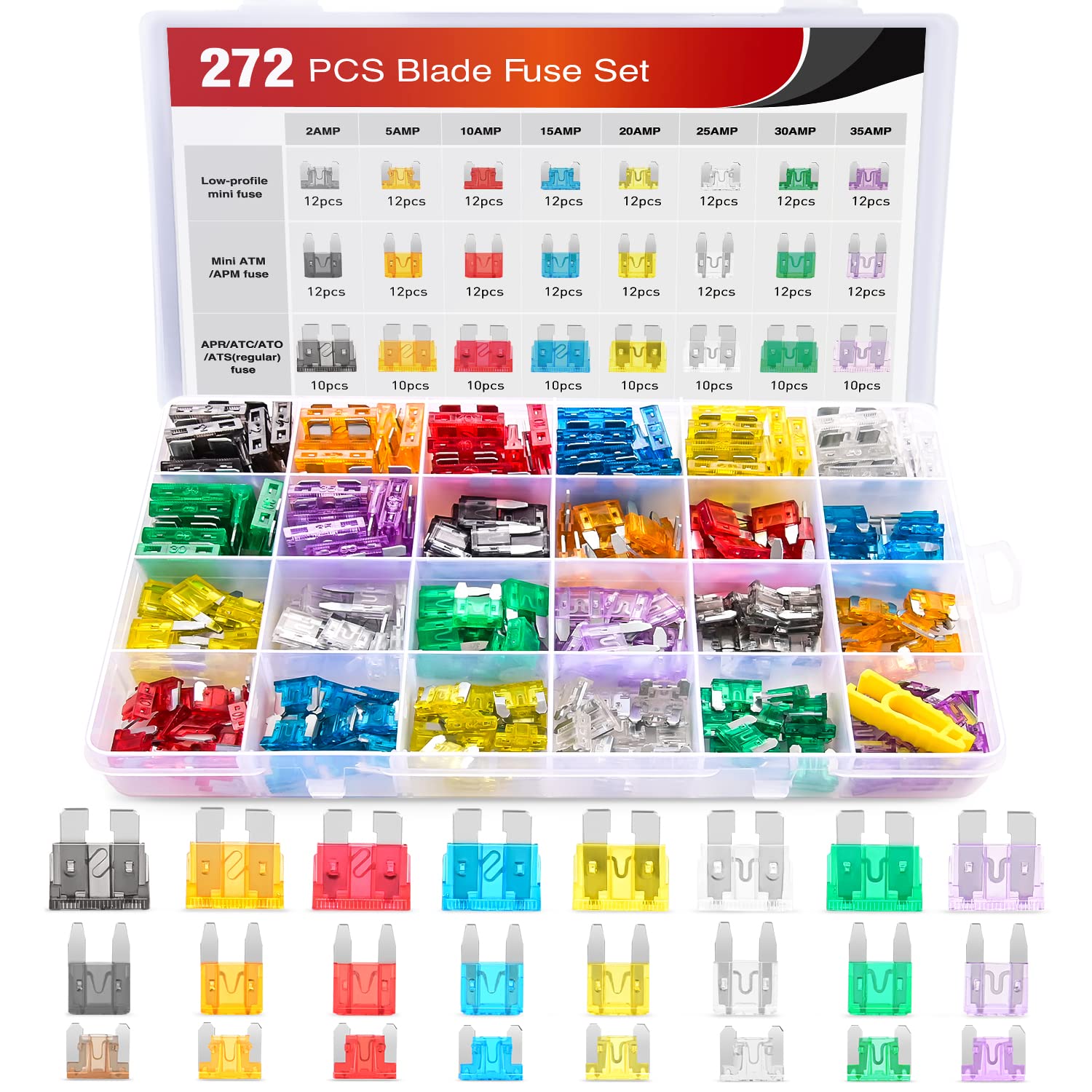 Nilight - 50019R 272pcs Standard & Mini & Low Profile Mini Blade Fuse Assortment, 2A 5A 10A 15A 20A 25A 30A 35A Ersatzsicherungen für Auto Boot LKW SUV Automotive von Nilight