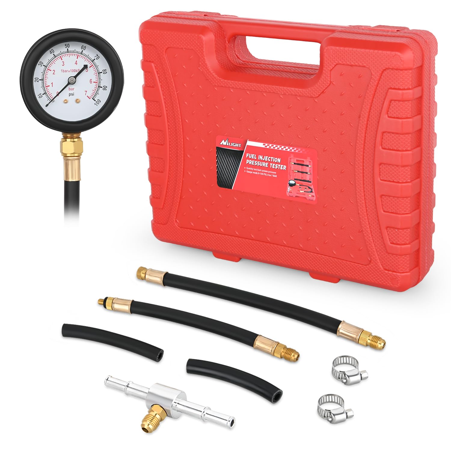 Nilight Kraftstoffdruckprüfer-Set, 0-100 PSI Kraftstoffeinspritzpumpe, Manometer, Benzinmotor-Diagnose-Tester für Auto, LKW, Motorrad, SUV, ATV, Wohnmobil, 9 Stück von Nilight