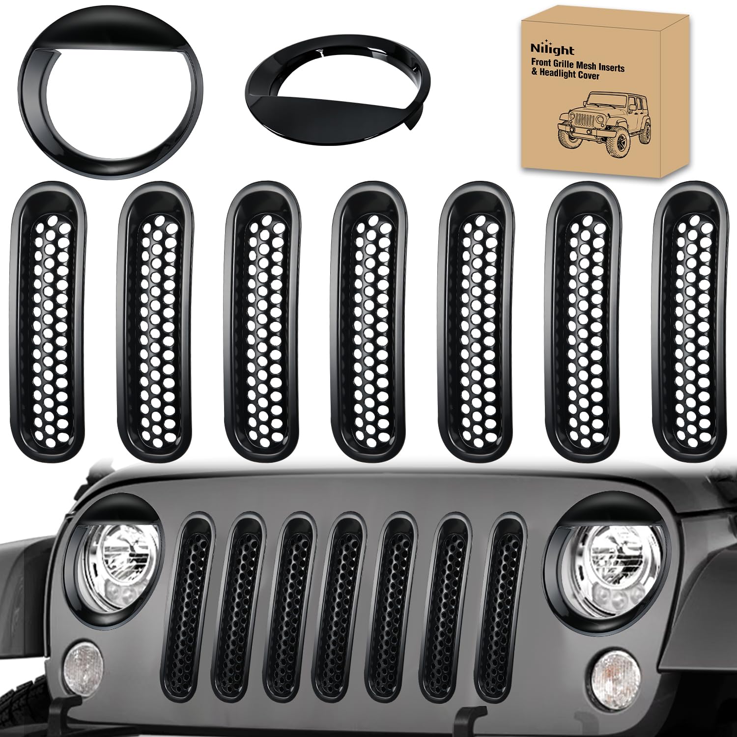 Nilight Kühlergrill-Einsätze passend für Jeep Wrangler Frontgrill-Mesh-Einsätze & Scheinwerferabdeckungs-Set für JK JKU Unlimited Sports Sahara Freedom Rubicon 2007–2018, Clip-In-Verkleidung, von Nilight